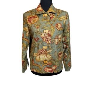 Vintage Painted Pony Jacket Size SMALL Green Floral Bamboo Buttons Blazer Linen